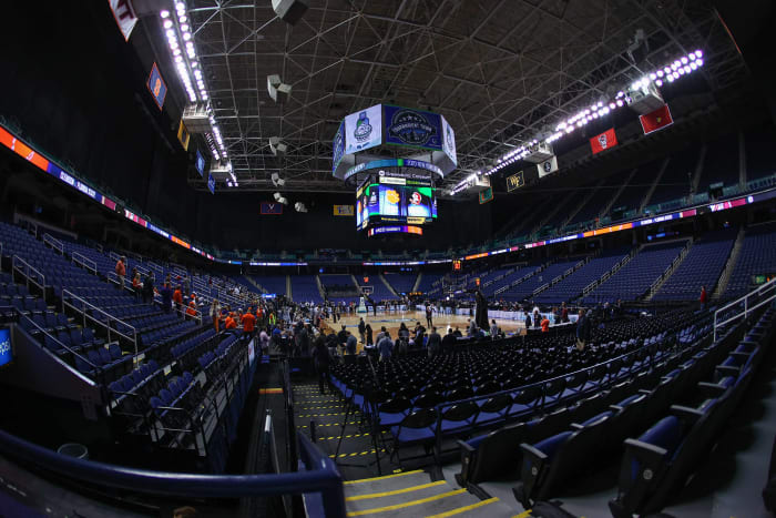 An empty Greensboro Coliseum ahead of the Clemson vs. Florida State ACC tournament men's basketball game.
